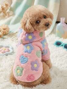 PETSIN 1 Piece Of Colorful Flower Printed Plush Hooded Pet Hoodie, Thick And Warm Winter Cat And Dog Clothing - Multicolor - View 2