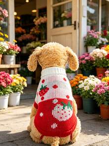 Festive Christmas Strawberry Graphic Pet Knit Pullover, Breathable Warm Winter Clothes, Fashion Pet Apparel For Holiday Photoshoots & Daily Use - C - View 8