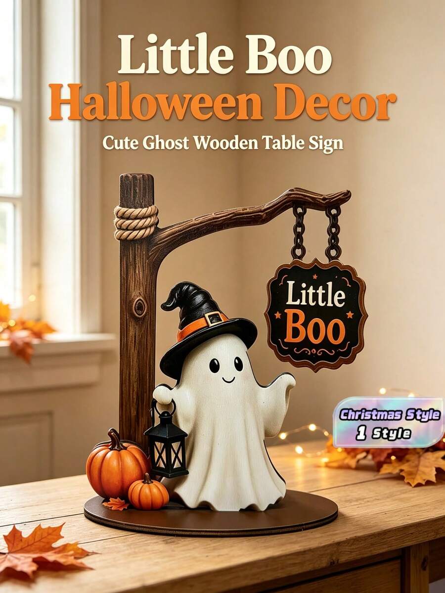 Tượng ma mỉm cười dễ thương, trang trí Halloween đế gỗ phong cách retro, quà tặng trang trí bàn ma bí ngô nhỏ - Mũ phù thủy ma - Xem 1