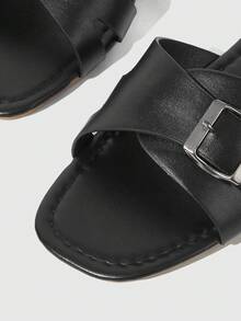 HighSole Ladies Solid Color Buckle Decorative Summer Fashion Flat Sandals - Black - View 9