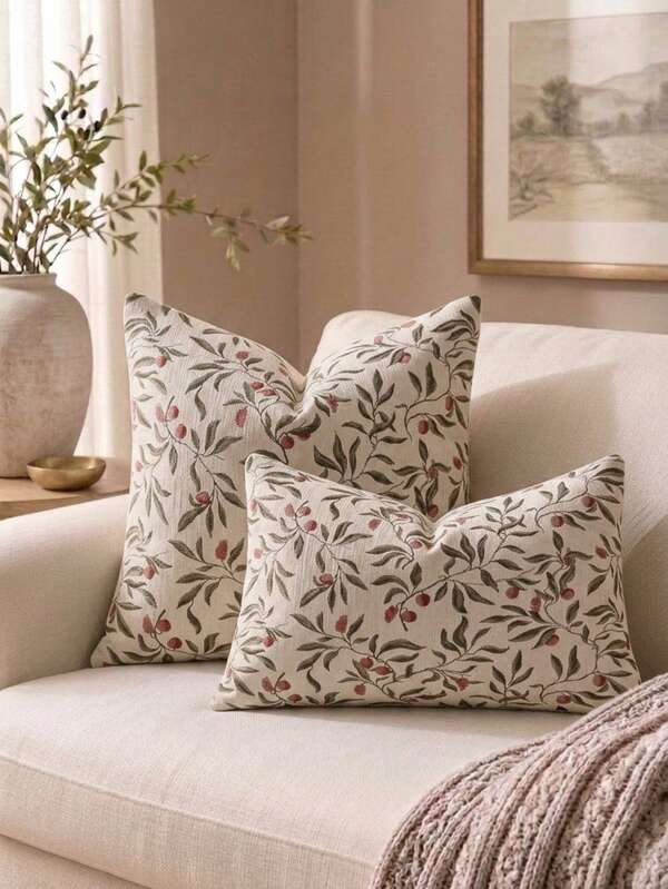 Cirelle 1 buc./2 buc. Huse pentru pernă decorativă vintage jacquard cu motive botanice, retro, cu ramură de măslin și bujori, pătrate, potrivite pentru decorul casei în stil cottage, farmhouse și own-french, fără umplutură