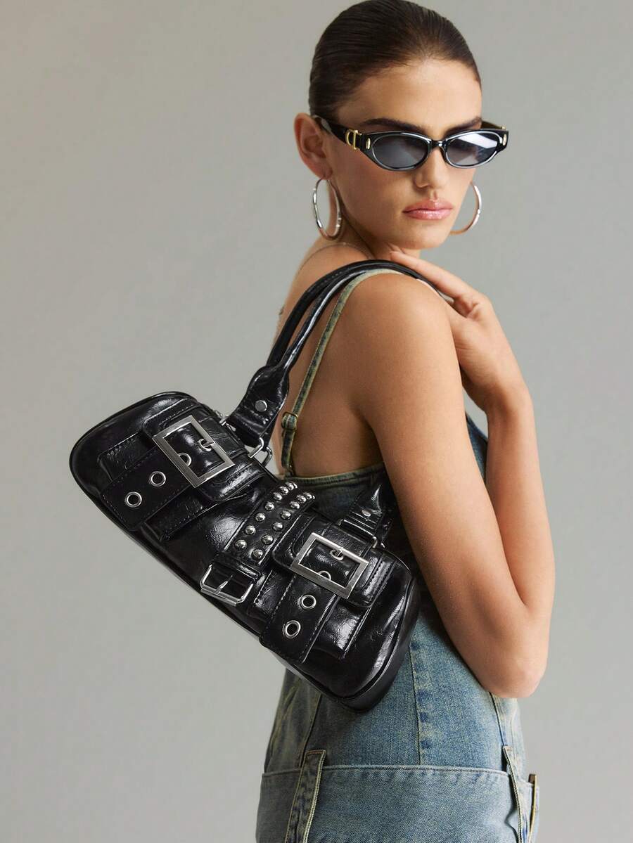 Viva Strut Women's Shoulder Bag, Y2K Biker Style Purse With Rivets, Metal Buckles And Studded Details, Gothic Punk Style Handbag For Women - Black - View 1