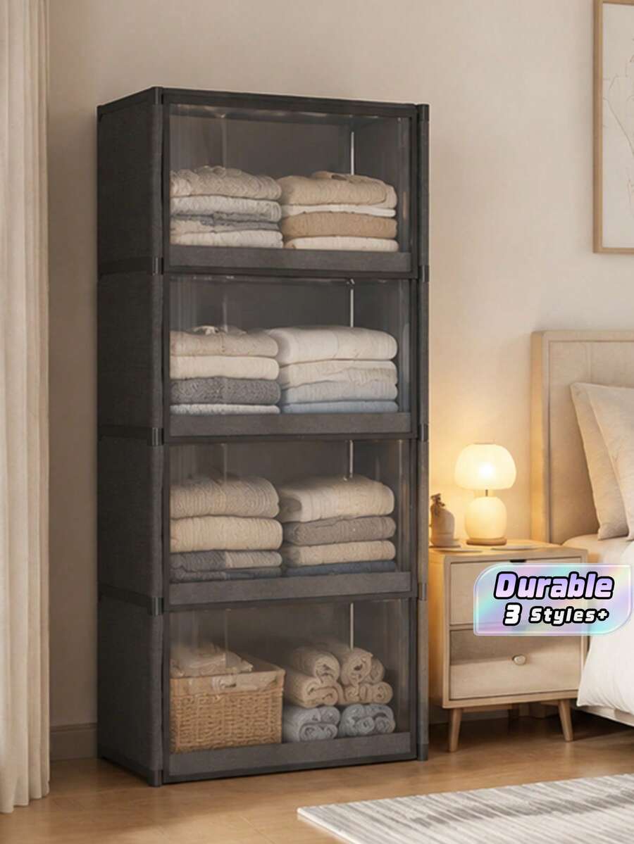 1pc Dustproof Storage Cabinet With Lid, Wardrobe, Bookcase, Storage Rack, Improves Space, Stable And Stylish, Easy To Assemble And Disassemble, Portable, Suitable For Living Room, Bedroom, Entrance, Office, Home, Multi-Layer Storage - Black - View 1