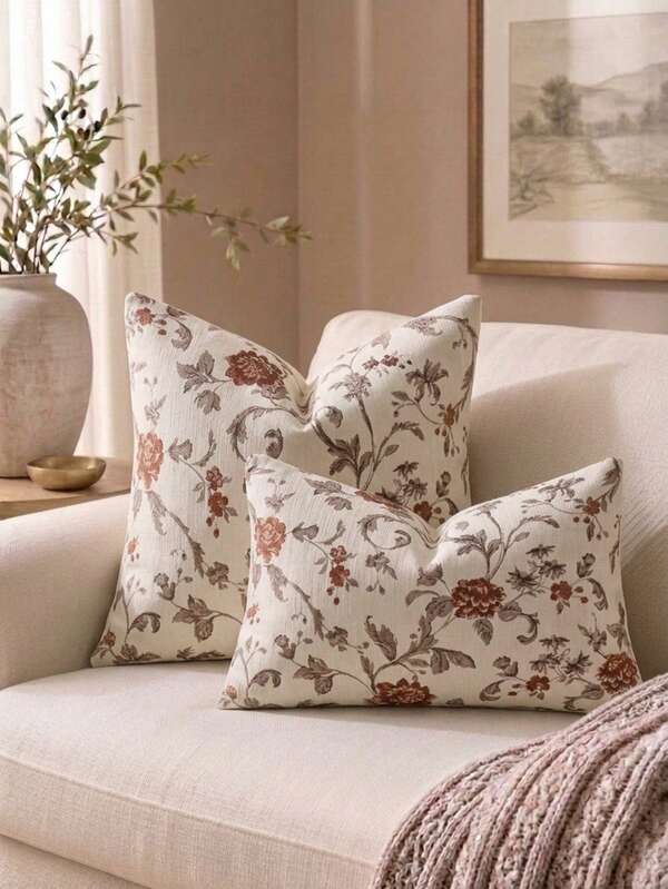 Cirelle 1PC/2PCS Vintage Botanical Jacquard Throw Pillow Covers, Retro Olive Branch & Peony Floral Square Cushion Cases, Suitable For Cottage, Farmhouse & Light French Living Room Home Decor, Pillow Inserts Not Included