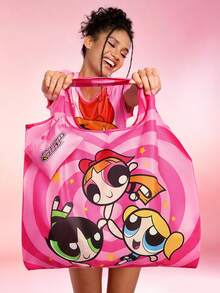 THE POWERPUFF GIRLS X SHEIN 1个可爱卡通花朵、泡泡、毛茛图案涤纶可折叠购物袋/手提袋，配有带珠链的小粉色收纳袋，Y 2 K，情人节 - 粉色 - 查看 3
