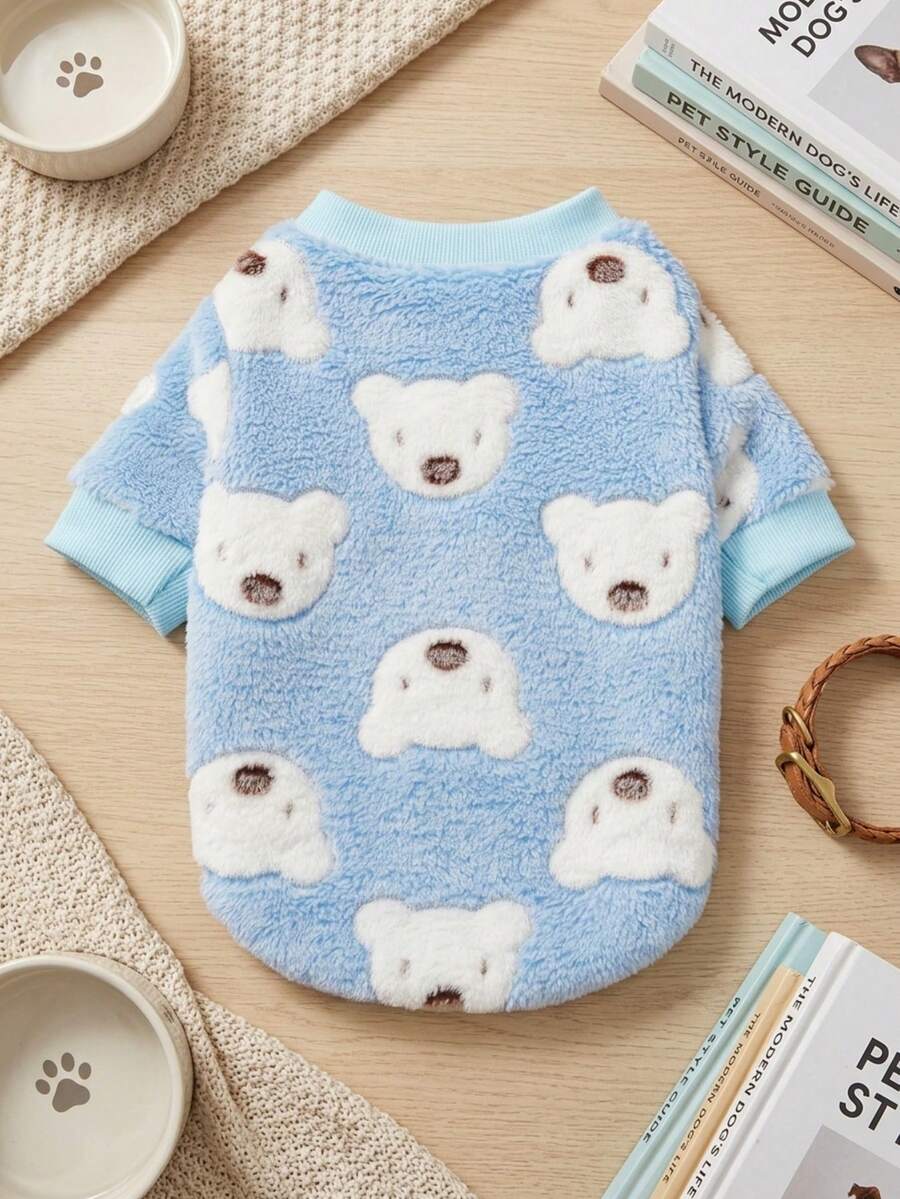 PETSIN 1 Pc Pet Cat Dog Universal Blue Bear Cute Pattern Printed Plush Warm Elastic Comfortable Dog Round Neck - Multicolor - View 1