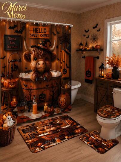Muroi Mono 180cm*180cm 1/3/4 Piezas Juego de Baño de Vaca de las Tierras Altas Naranja de Halloween, Incluye 12 Ganchos, Cortina de Ducha Plana 2D, Alfombra Antideslizante y Tapa de Inodoro. Es un Regalo de Decoración del Hogar Hermoso y Práctico Adecuado para Usar Durante la Temporada de Otoño de Halloween.