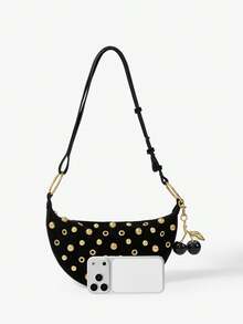 Viva Strut Women's Fashionable Street Personalized Versatile Sweet Cool Girl Y2K Black Suede Gold Rivet Cherry Pendant Decorative Shoulder Bag, Daily Shopping - Black golden cherry - View 4