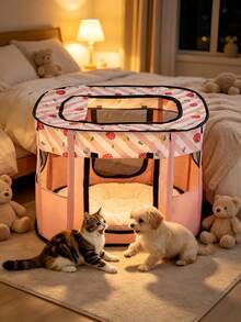 1PC Cartoon Pink Strawberry Print Foldable Pet Tent Octagonal Oxford Cloth Dog Cat House Enclosed Playpen Scratch Resistant Breathable Portable Indoor Outdoor Travel Home Use - Multicolor - View 3