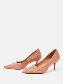 CUCCOO HITCHD Simple Champagne Matte Satin Embroidered High Heels Exquisite Gold Floral Pattern Pointed Middle Heel Gloafers Suitable For Daily Commuting Formal Occ - Champagne - View 3