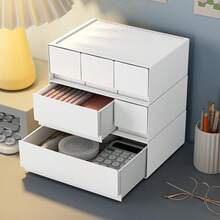 3 Styles White Plastic Drawer‑Type Storage Box, Modular Stackable Desktop Organizer For Sundries Storage And Organization, Ideal For Office, School Desk Supplies - Multicolor - View 5