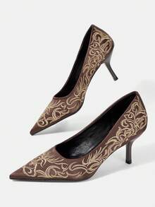 CUCCOO HITCHD Simple Matte Dark Brown Satin Embroidered High Heels, Exquisite Gold Floral Pattern, Pointed Middle Heel Gauntlets, Suitable For Daily Commuting, Form - dark brown - View 7