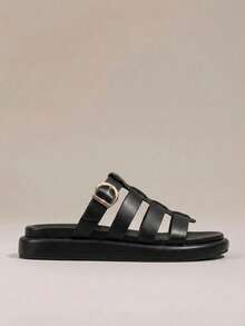 HighSole Sandalias de cuña de mujer de corcho suave y minimalista, versátiles y cómodas para temporada de vacaciones, zapatos casuales con suela gruesa, plataforma y tiras de tobillo en negro sólido - Negro - Ver 2
