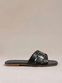 HighSole Ladies Solid Color Buckle Decorative Summer Fashion Flat Sandals - Black - View 2
