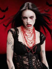 MortiRose 1 Piece, Bohemian Red Rice Bead Beaded Long Necklace, Bib Necklace, Multi-Layered Collarbone Chain Halloween Costume/Gothic - Multicolor - View 1