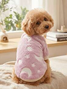 PETSIN 1 Pc Pet Pink Star & Moon Flannel Print Luminous Fleece Thick Warm Crew Neck Sweatshirt For Dogs, Autumn/Winter - Multicolor - View 2