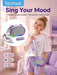 Teckwe RGB Light Portable Strap Bluetooth Karaoke Speaker With Clip On Microphone For Teacher Tour Guide Home Gathering Travel Party Built In Speaker Battery 1200mAh 2 Microphone Batteries 200mAh - View 1