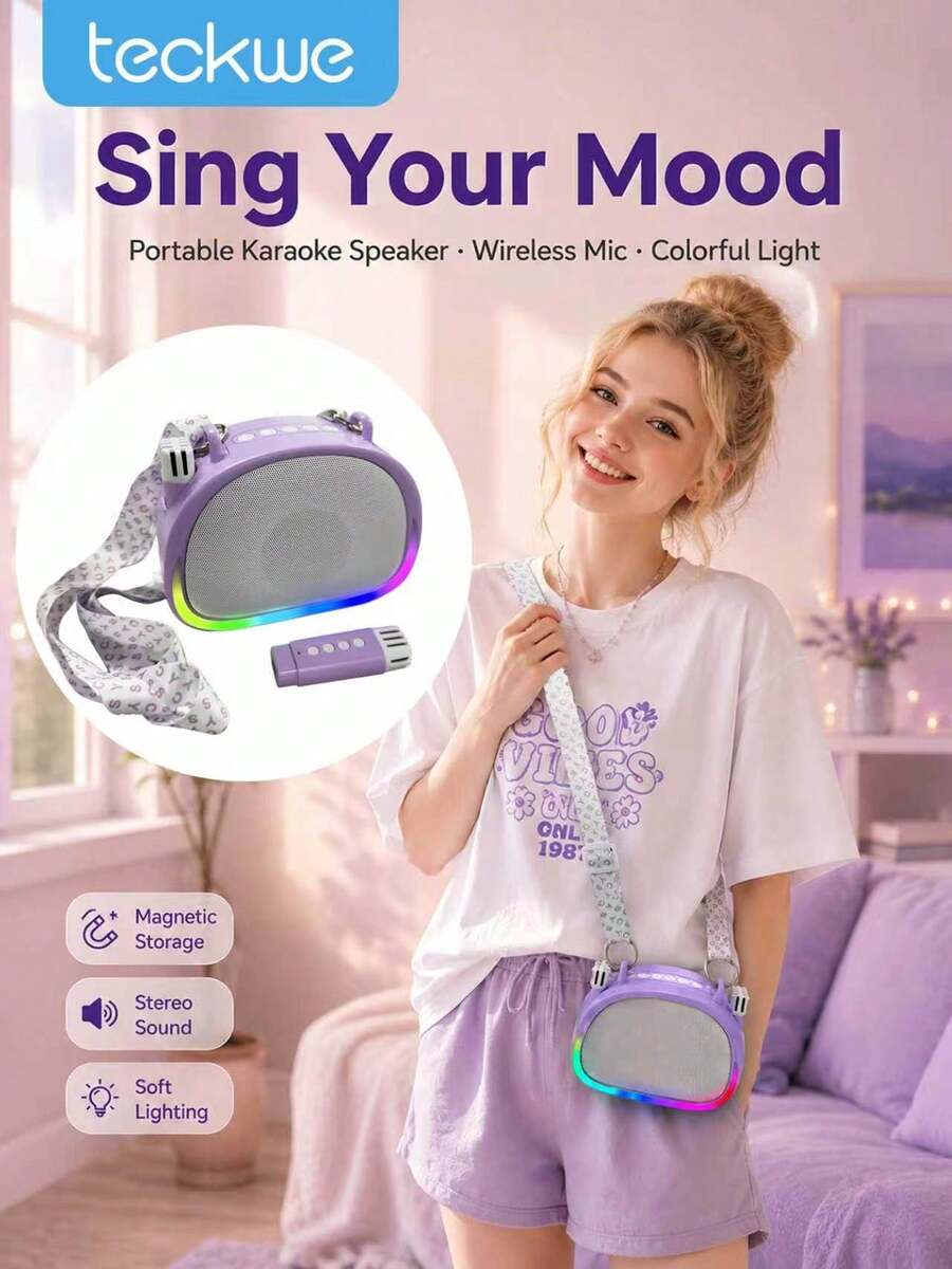 Teckwe RGB Light Portable Strap Bluetooth Karaoke Speaker With Clip On Microphone For Teacher Tour Guide Home Gathering Travel Party Built In Speaker Battery 1200mAh 2 Microphone Batteries 200mAh - View 1