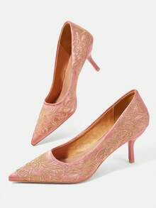 CUCCOO HITCHD Simple Champagne Matte Satin Embroidered High Heels Exquisite Gold Floral Pattern Pointed Middle Heel Gloafers Suitable For Daily Commuting Formal Occ - Champagne - View 6