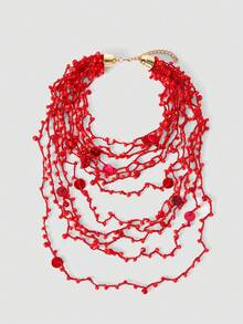 MortiRose 1 Piece, Bohemian Red Rice Bead Beaded Long Necklace, Bib Necklace, Multi-Layered Collarbone Chain Halloween Costume/Gothic - Multicolor - View 6
