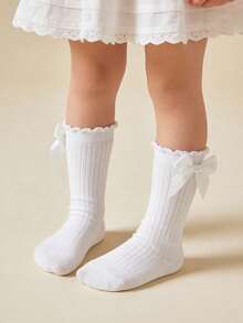 SHEIN 5 Pairs Of Baby Girls And Children's Bows Solid Color Versatile Elegant And Cute High Tube Socks College Style Stockings - Multicolor - View 2