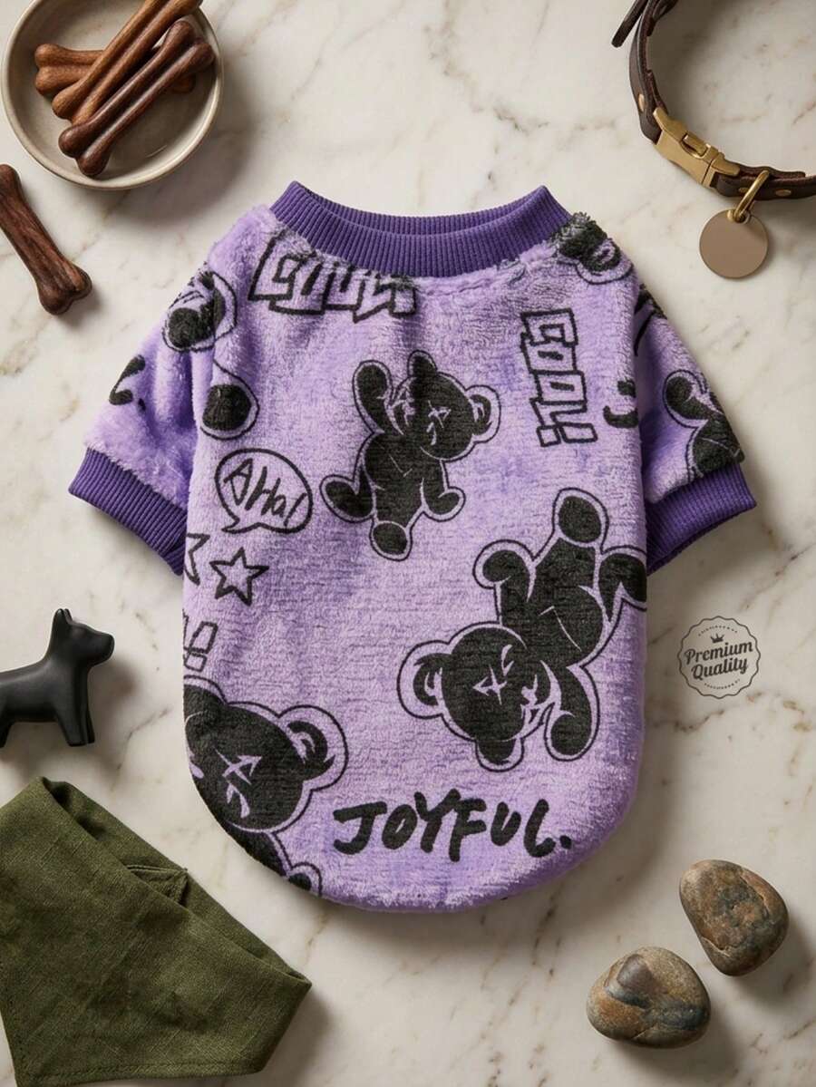 PETSIN 1 Pc Pet Cat/Dog Fleece Purple Black Bear Graphic Warm Crew Neck - Multicolor - View 1