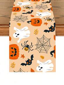 1pc Halloween Decoration Table Runner, Ghost Pumpkin Bat Pattern Orange Polyester Table Cover, Halloween Boo Ghost Tablecloth, Happy Halloween Decorative Table Cloth, Trick Or Treat, Halloween Cabinet Decorative Cover, Dining Table Centerpiece - Orange Full Version Halloween - View 9