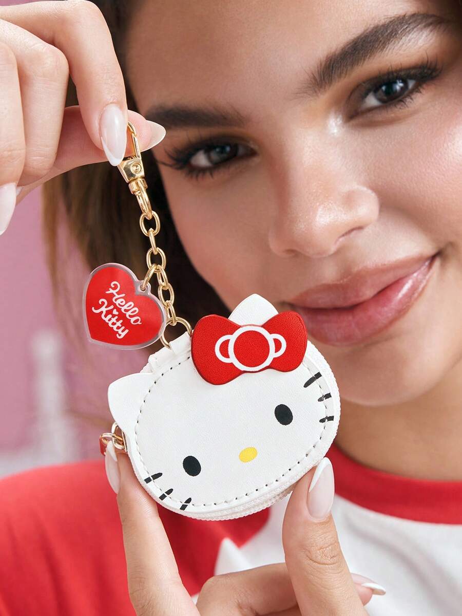HELLO KITTY AND FRIENDS | SHEIN 蝴蝶結貓咪造型迷你零錢包,附鑰匙圈掛鉤,可作為包包掛飾,適合收納硬幣、耳機與小配件 - 紅色 - 查看 1