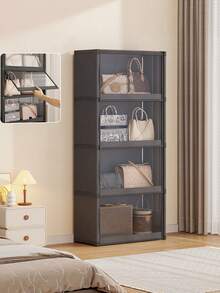 1pc Dustproof Storage Cabinet With Lid, Wardrobe, Bookcase, Storage Rack, Improves Space, Stable And Stylish, Easy To Assemble And Disassemble, Portable, Suitable For Living Room, Bedroom, Entrance, Office, Home, Multi-Layer Storage - Black - View 2