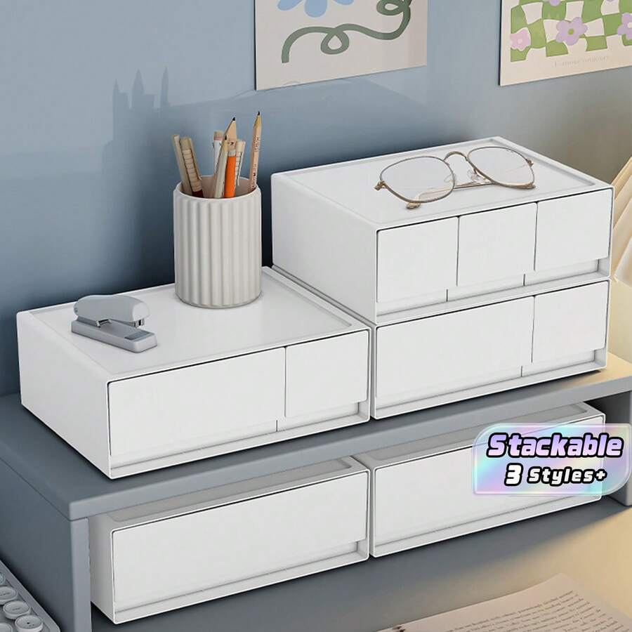 3 Styles White Plastic Drawer‑Type Storage Box, Modular Stackable Desktop Organizer For Sundries Storage And Organization, Ideal For Office, School Desk Supplies - Multicolor - View 1