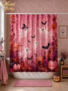 180cm*180cm 1/3/4 Pcs Halloween Pink Ghost Bathroom Set, Includes 12 Hooks, 2D Flat Shower Curtain, Non-Slip Mat And Toilet Cover. It Is A Beautiful And Practical Home Decoration Gift Suitable For Use During Autumn Halloween. - Halloween - View 3