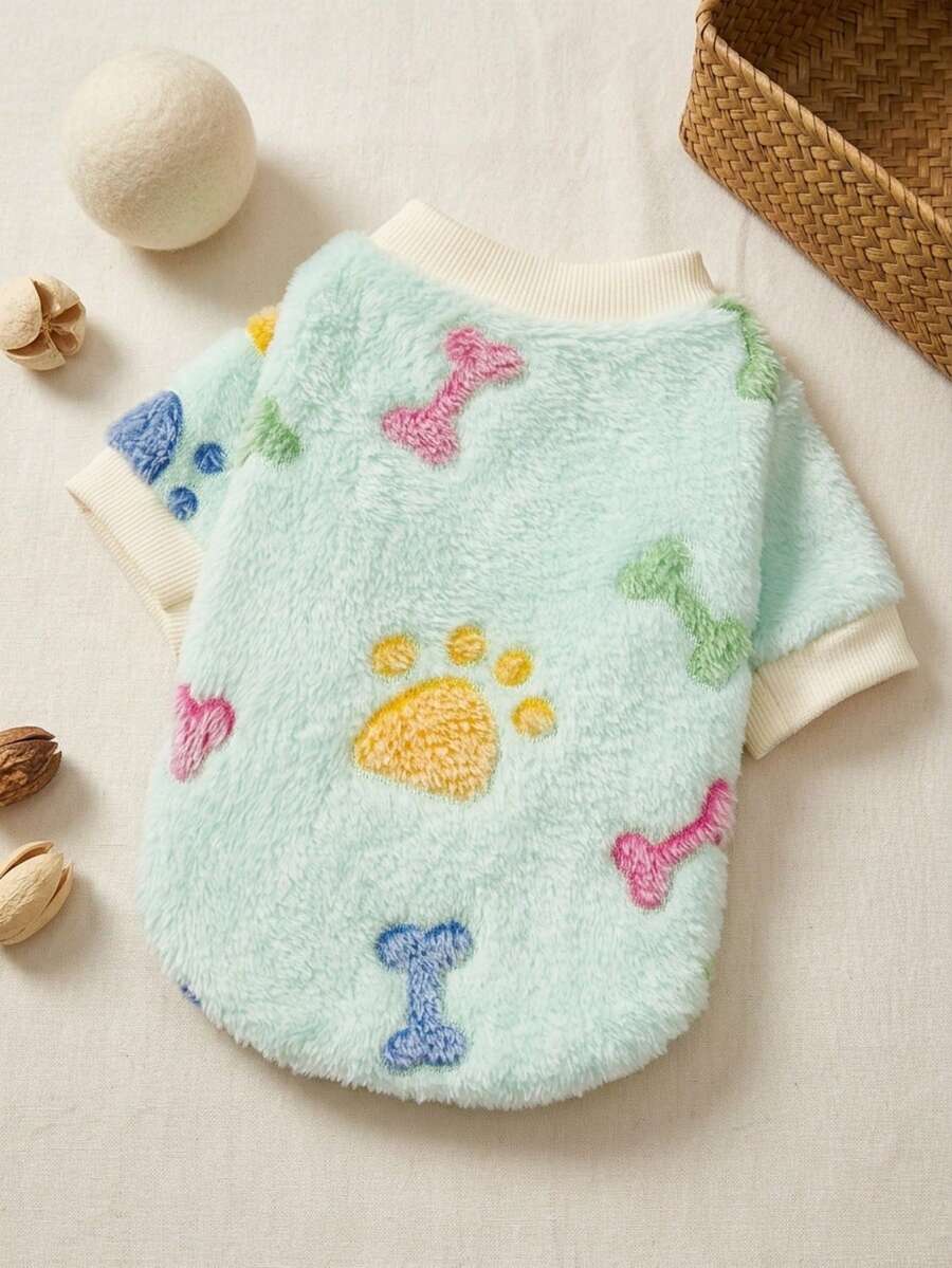 PETSIN 1 Pc Mint Green Cute Paw Print & Bone Fleece Thickened Warm Crew Neck Sweatshirt For Cats & Dogs, Autumn/Winter - Multicolor - View 1