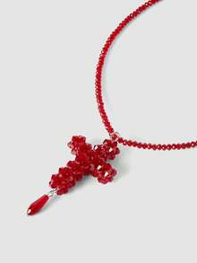 MortiRose Red Beaded Cross Gothpunk Necklace, Halloween, Halloween Accessories/, Halloween Costume/Gothic - Red - View 8