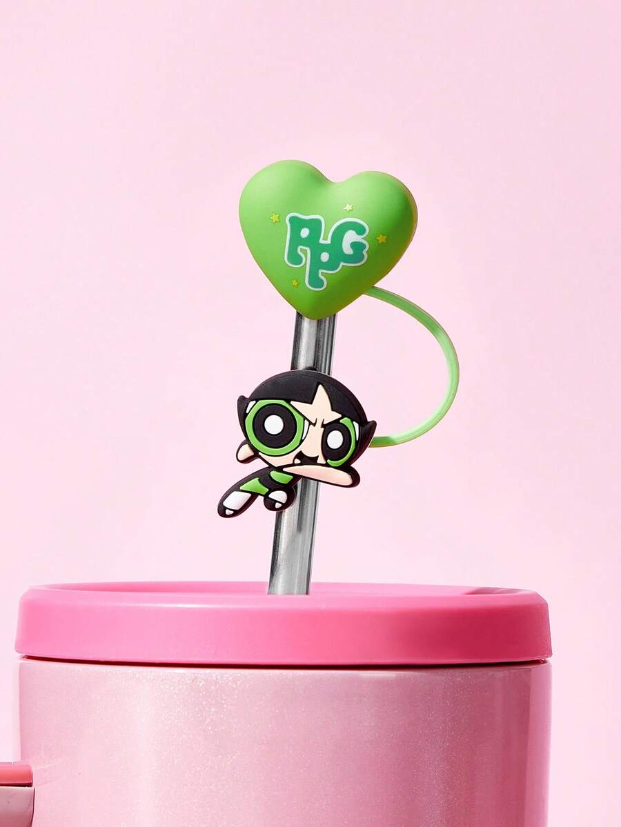THE POWERPUFF GIRLS X SHEIN Cute Heart- Shaped Straw Sleeve, Dust-Proof Drinking Straw Reusable Straw Tips Lids, Straw Not Included,Gift Ideas,Party,Holiday,Valentine's Day,Drinking - Green - View 1