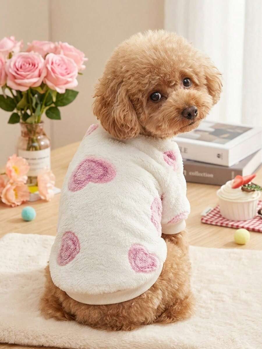 PETSIN 1pc Pink Heart Flannel Pet With Color Blocking, Anti Shedding, Gentle Thickening, And Warm Pet Clothing - Multicolor - View 1