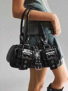 Viva Strut Women's Shoulder Bag, Y2K Biker Style Purse With Rivets, Metal Buckles And Studded Details, Gothic Punk Style Handbag For Women - Black - View 8