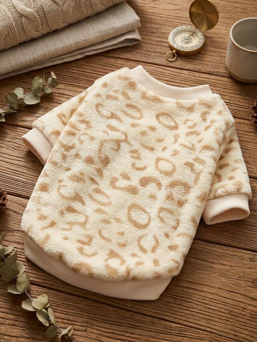 PETSIN 1pc Yellow Leopard Print Fleece Pet Sweatshirt, No Hat, Pet Warm Clothes - Multicolor - View 1