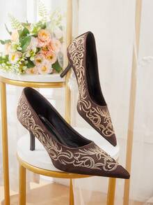 CUCCOO HITCHD Simple Matte Dark Brown Satin Embroidered High Heels, Exquisite Gold Floral Pattern, Pointed Middle Heel Gauntlets, Suitable For Daily Commuting, Form - dark brown - View 1