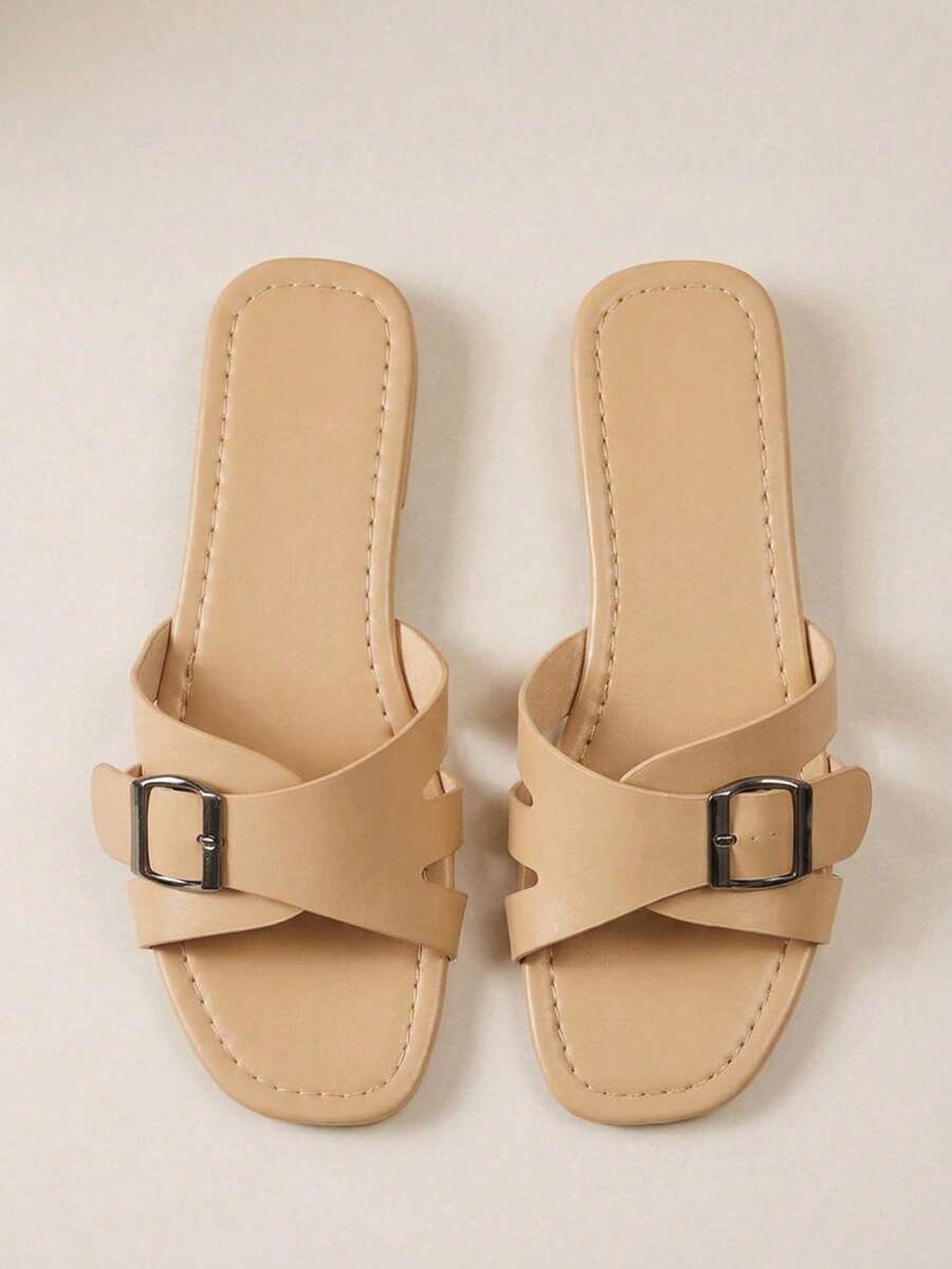 HighSole 女士纯色平底舒适凉鞋(带扣) - 卡其色 - 查看 1