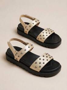 HighSole Plain Color Rivet Decor Versatile Summer Flat Sandals - Gold - View 10