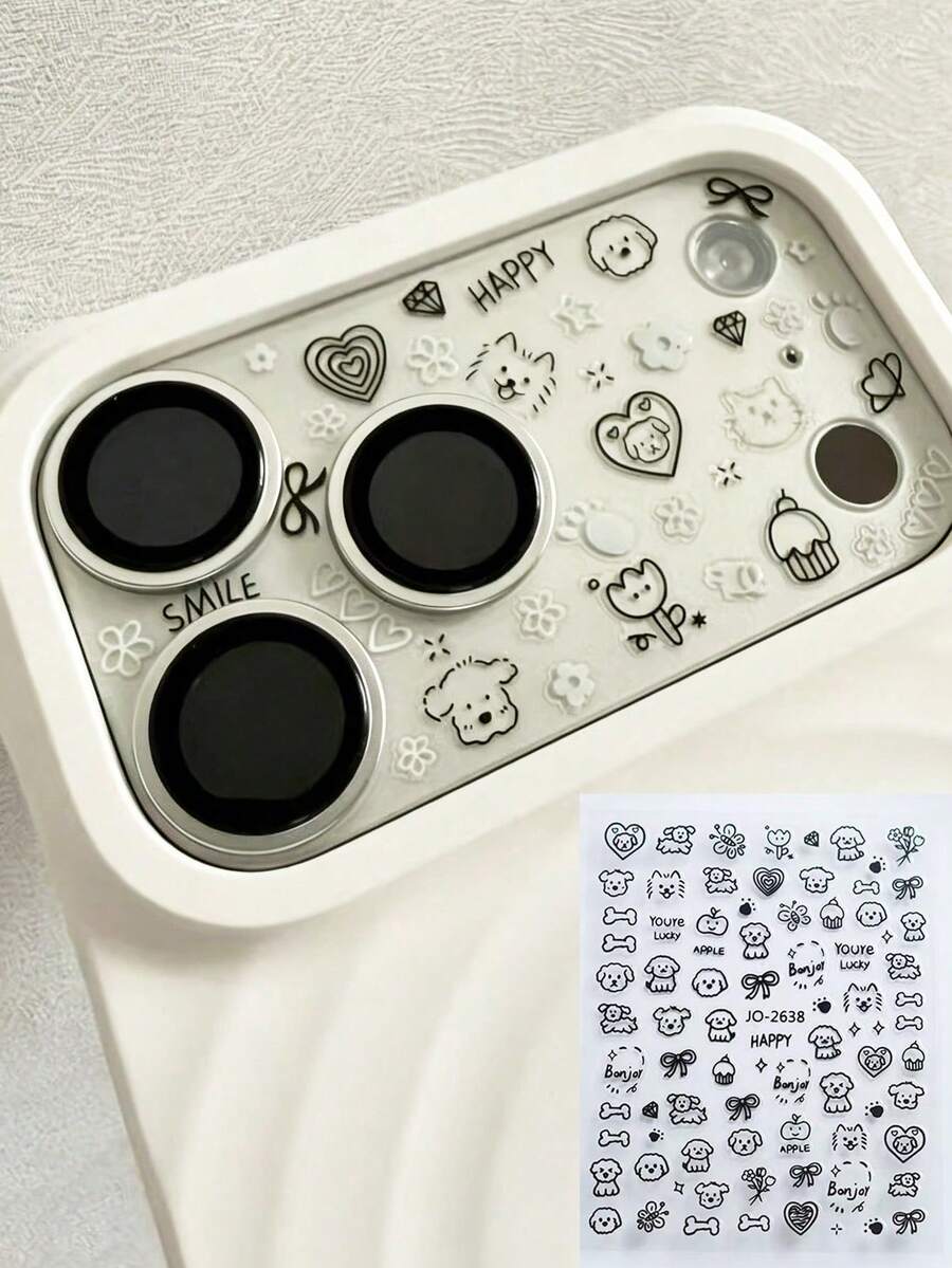 1pc Creative DIY Graffiti Puppy Flower Bone Mirror Protective Film Sticker, Suitable For 11 Pro/12 Pro/13 Pro/14 Pro/15 Pro/16 Pro/17 Pro Phone Lens Film And Phone Case - Multicolor - View 1