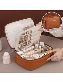 Multi-Layer Large Capacity Removable Makeup Bag, Faux Leather Travel Cosmetic Storage Box With Brush Holder, Portable Cosmetics Organizer For Beauty Essentials, Travel Vanity Case - Multicolor - View 10