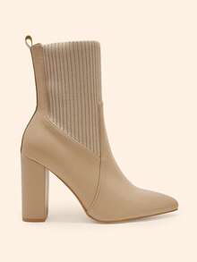 CUCCOO BASICS Pointed Thick Heel Stylish Elegant Commuting Simple Daily Basic Versatile Knitted Women's Boots Medium Boots Women's Ankle Boots - Apricot 2 - View 3