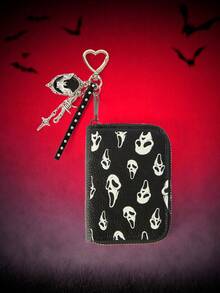 MortiRose 1pc Skull Pattern Litchi Texture Zipper Short Wallet, Punk Style Hanging Accessory, Multi-Function Coin Purse - Multicolor - View 1