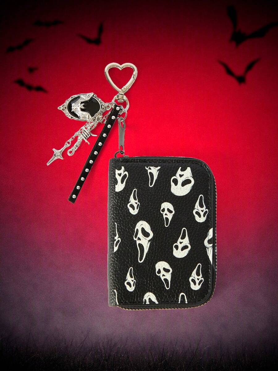 MortiRose 1pc Skull Pattern Litchi Texture Zipper Short Wallet, Punk Style Hanging Accessory, Multi-Function Coin Purse - Multicolor - View 1