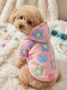 PETSIN 1 Piece Of Colorful Flower Printed Plush Hooded Pet Hoodie, Thick And Warm Winter Cat And Dog Clothing - Multicolor - View 4