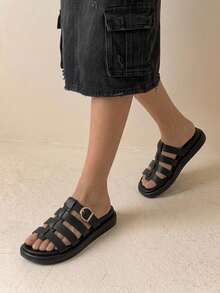 HighSole Sandalias de cuña de mujer de corcho suave y minimalista, versátiles y cómodas para temporada de vacaciones, zapatos casuales con suela gruesa, plataforma y tiras de tobillo en negro sólido - Negro - Ver 5