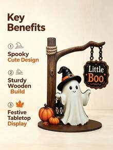Tượng ma mỉm cười dễ thương, trang trí Halloween đế gỗ phong cách retro, quà tặng trang trí bàn ma bí ngô nhỏ - Mũ phù thủy ma - Xem 5
