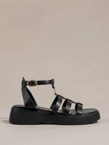 HighSole 女士春季T型带扣凉鞋，厚底坡跟鞋，2024夏季新款圆头粗跟沙滩凉鞋 - 黑色 - 查看 2