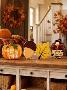 Set Dekorasi Meja Thanksgiving Musim Gugur 4 Buah, Kayu Berdiri Sendiri, Biji Ek, Daun Maple, Kalkun, Tanda Panen Pedesaan, Selamat Datang Musim Gugur, Ucapkan Terima Kasih, Ornamen Rak Perapian Gaya Rumah Pertanian - Bagian A - View 5